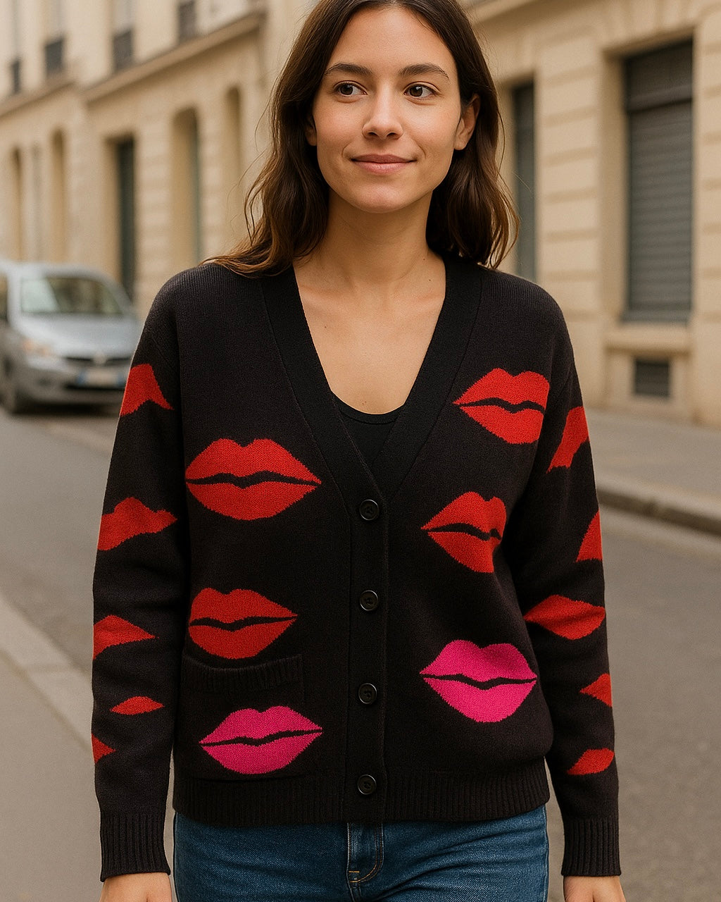 Cárdigan Boca- Chaleco Con Diseño de Labios Rojos y Fucsia