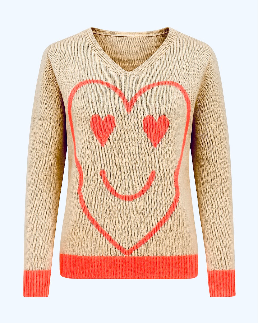 Jersey beige con corazón feliz en color salmón - Suéter cómodo y alegre