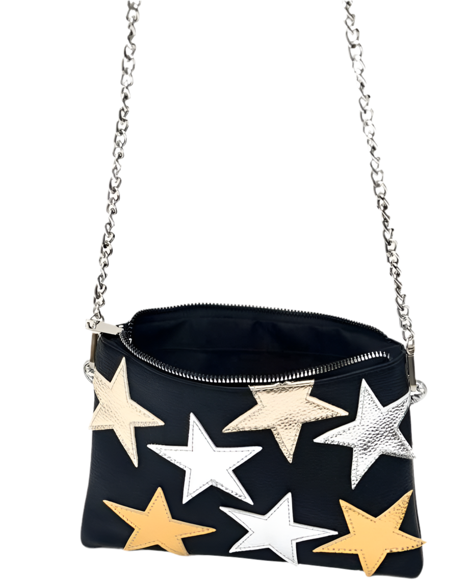 La Que Camina de Noche- Bandolera Negra con Estrellas y Cadenas, Estilo Clutch