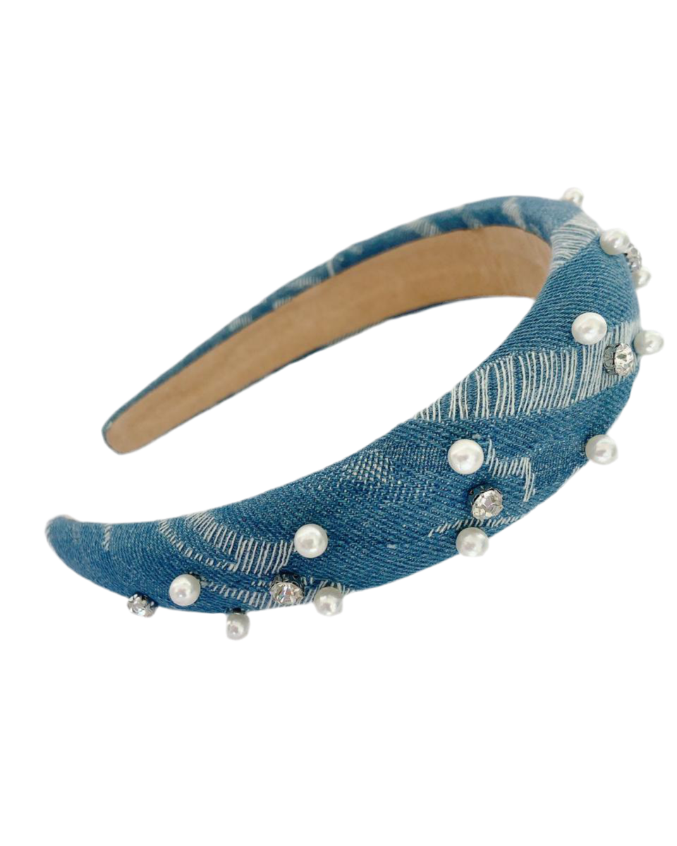 Cintillo de mezclilla con perlas – Accesorio para el pelo estilo denim elegante
