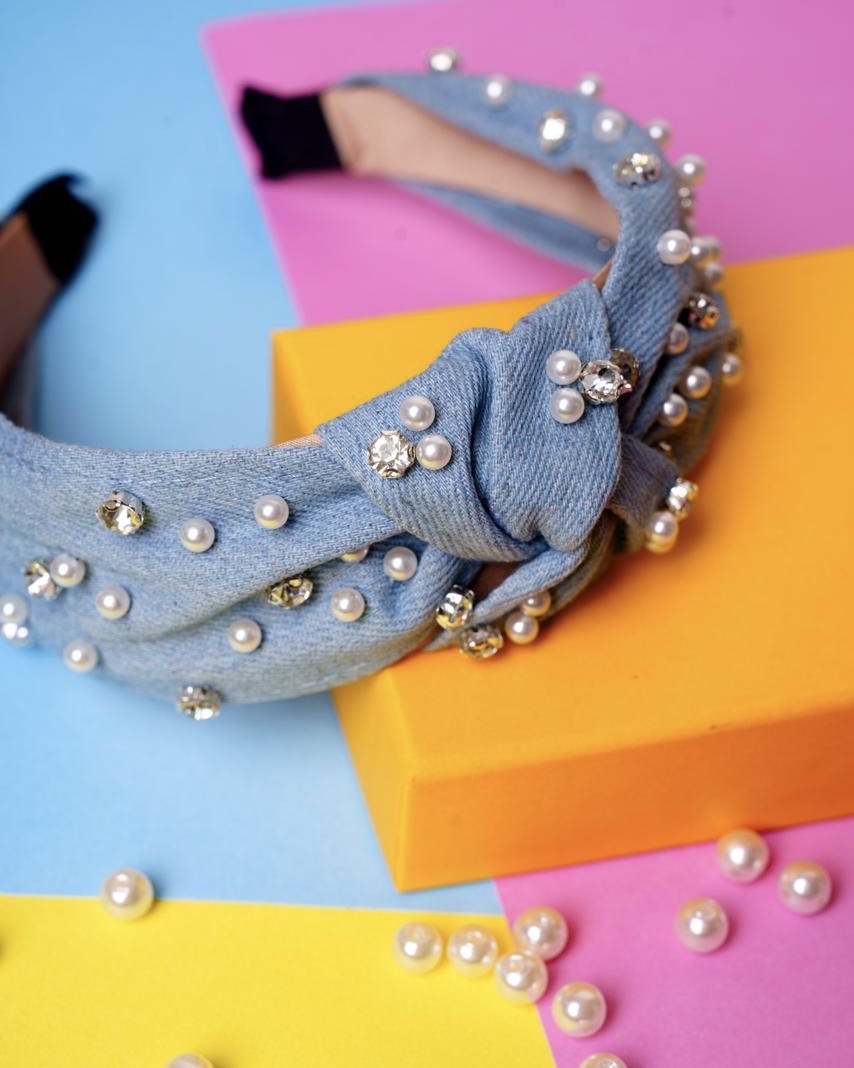 Cintillo de mezclilla con nudo y strass – Accesorio brillante estilo casual chic