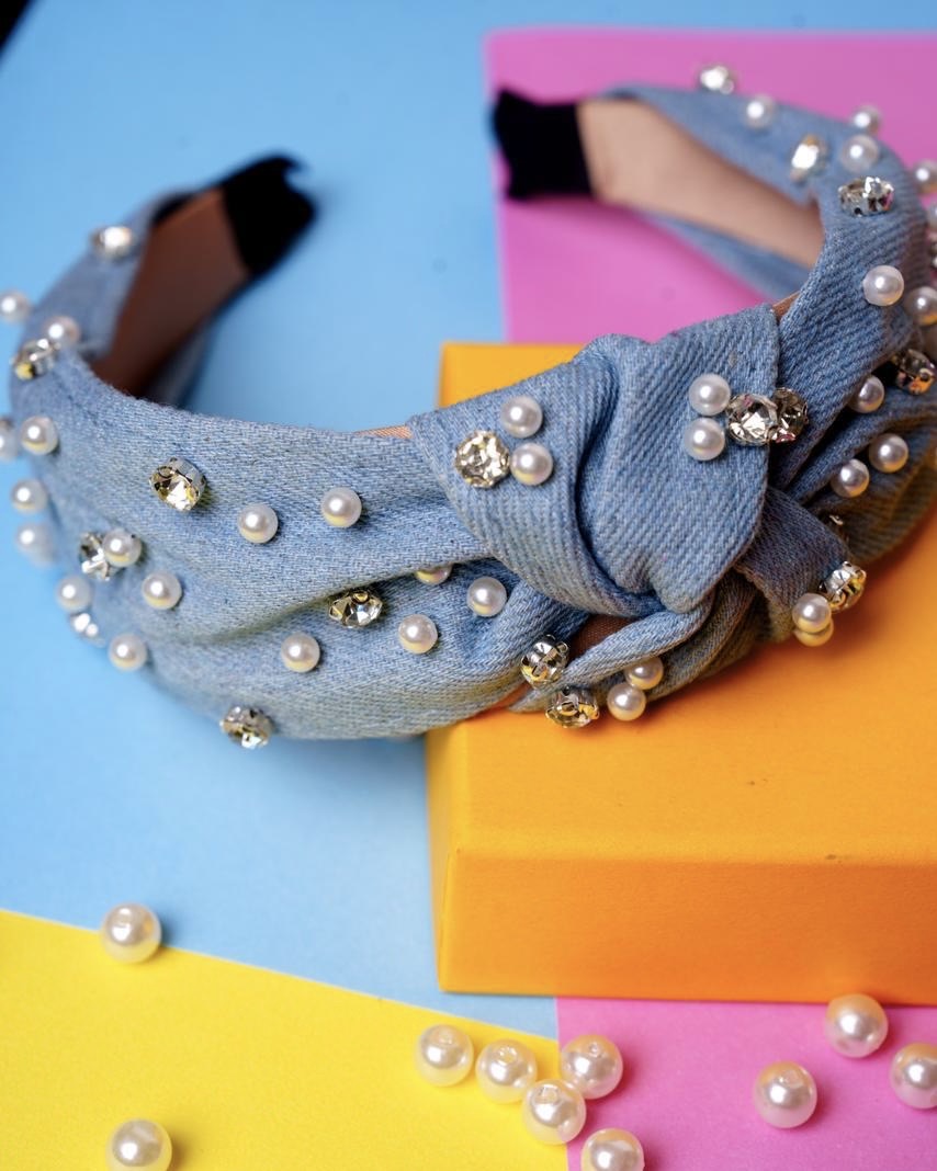 Cintillo de mezclilla con nudo y strass – Accesorio brillante estilo casual chic