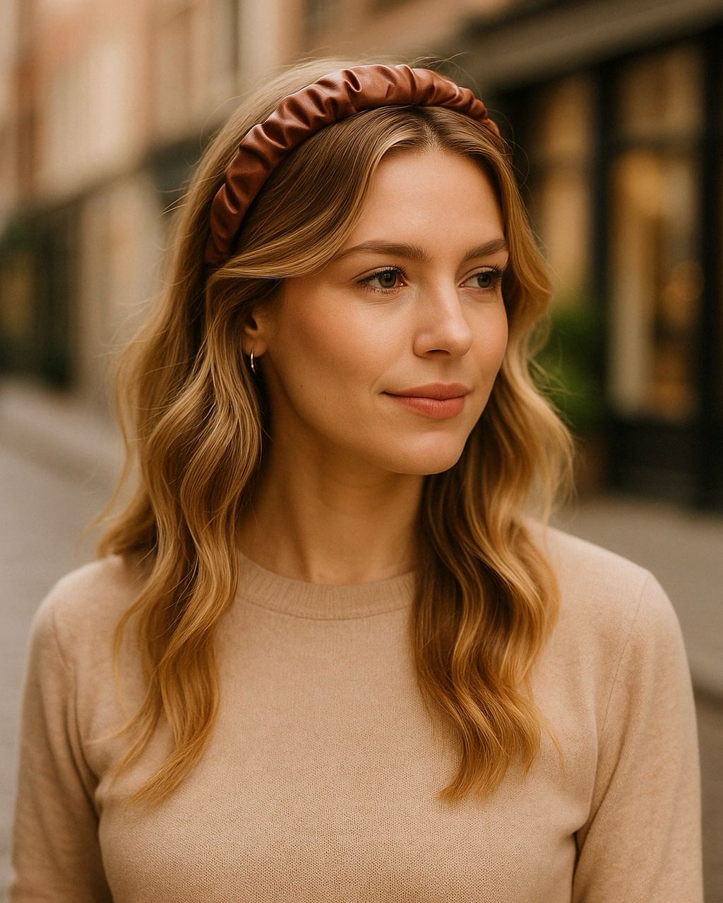 Cintillo café efecto scrunchie – Textura única y tendencia 2025