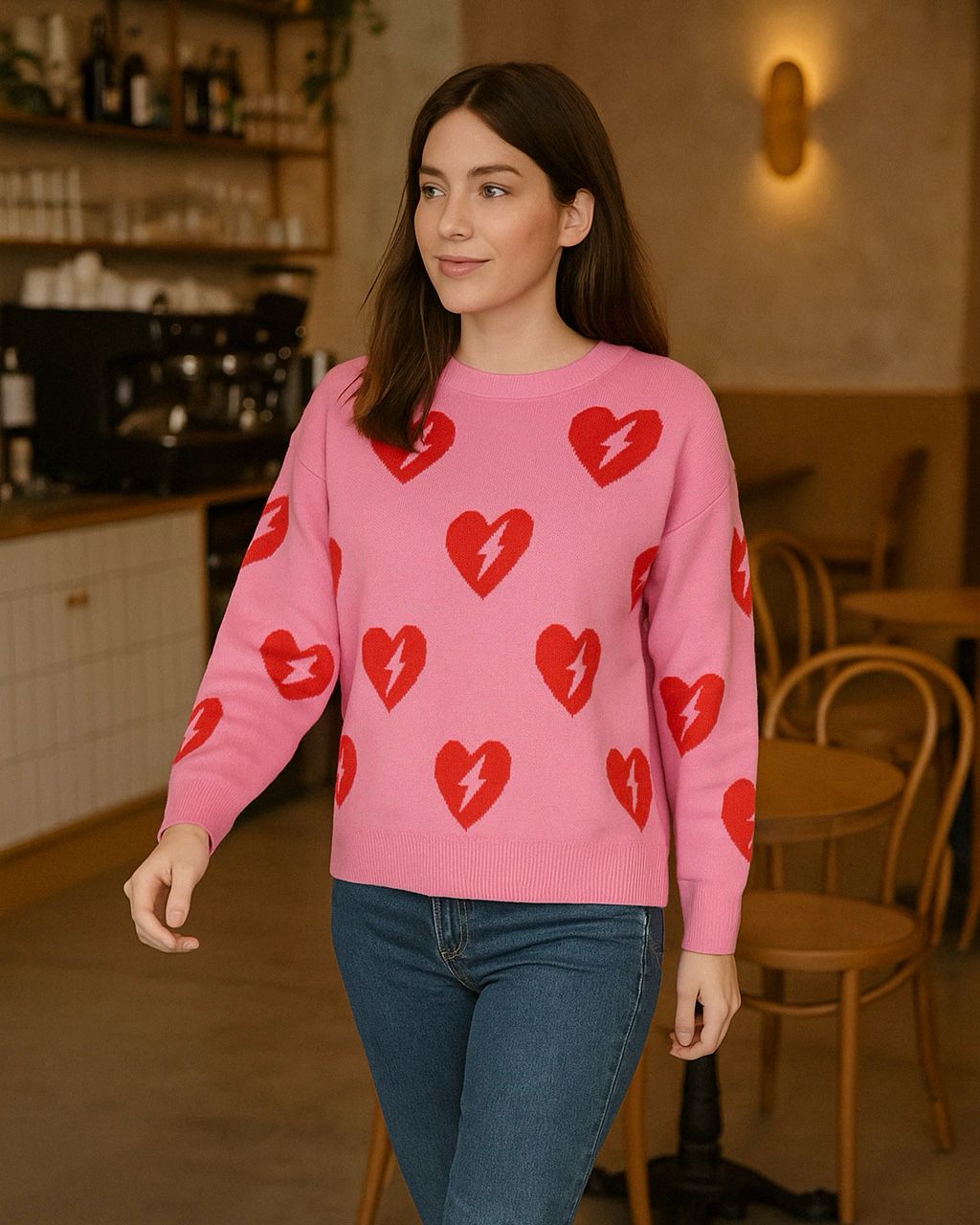 Suéter rosa con corazones rojos – Estilo romántico para otoño/invierno