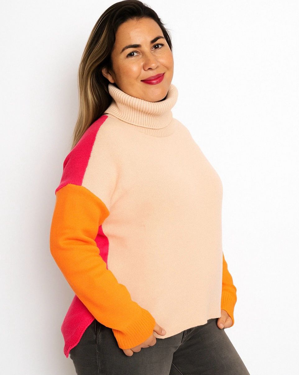Suéter de Punto con Cuello Alto y Mangas Color Block – Estilo Casual y Moderno