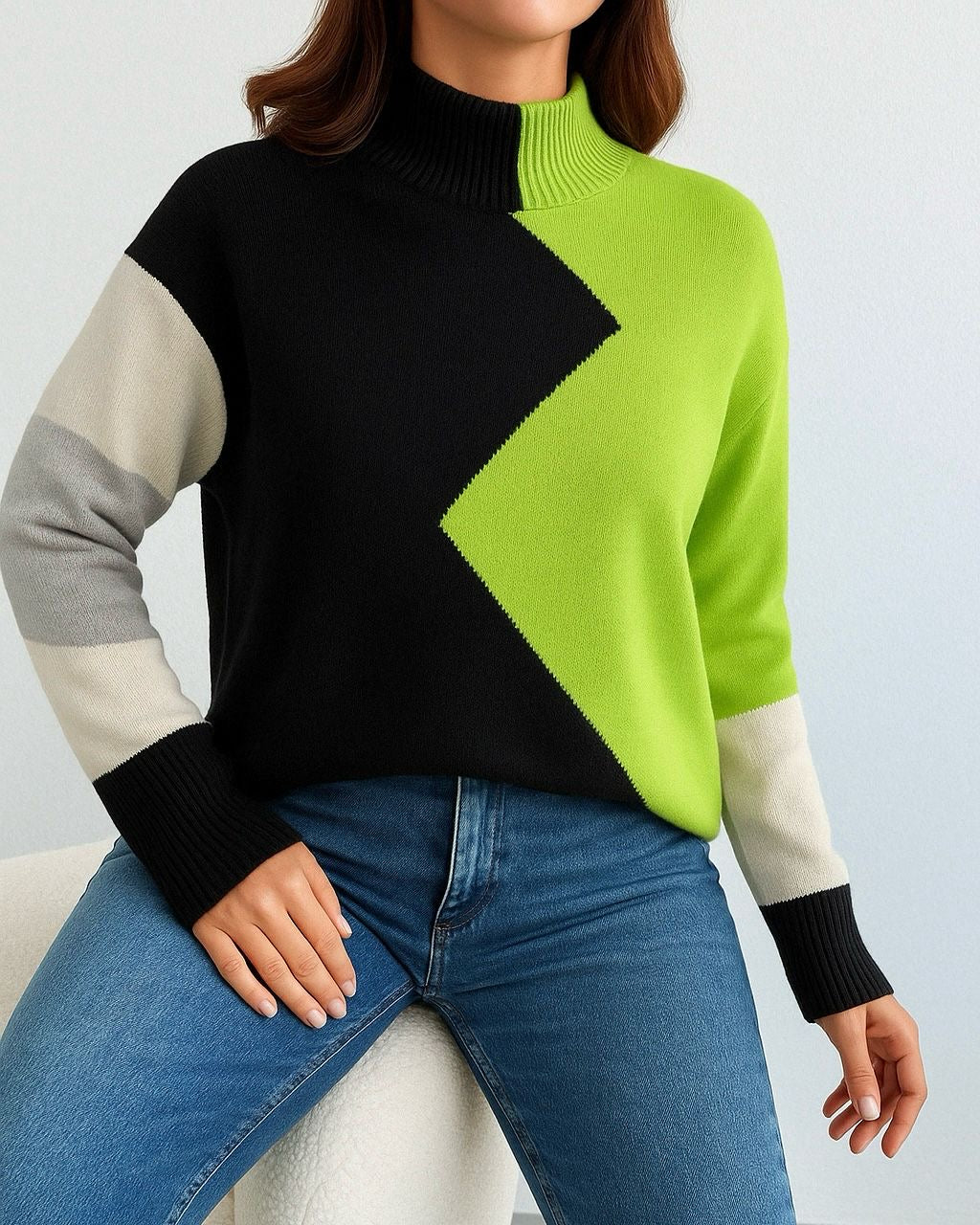 Jersey cuello alto color verde y negro - Mujer elegante invierno