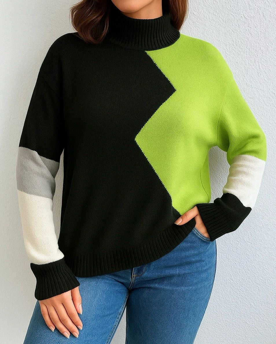 Jersey cuello alto color verde y negro - Mujer elegante invierno
